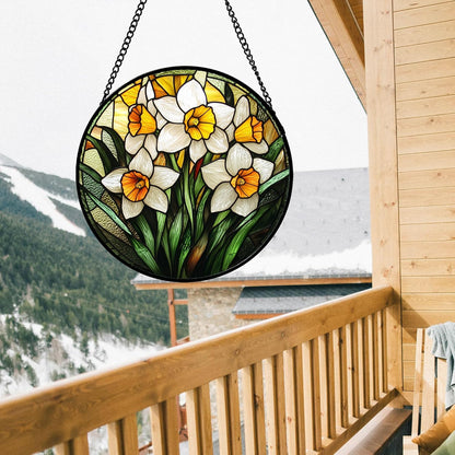 Stained Glass Window Hanging, Yellow and White Daffodils Sun Catcher for Door Home Decor Plants Flowers Suncatcher Christmas Mother's Day Birthday Gifts for Women Men Mom Nana 6.3 in