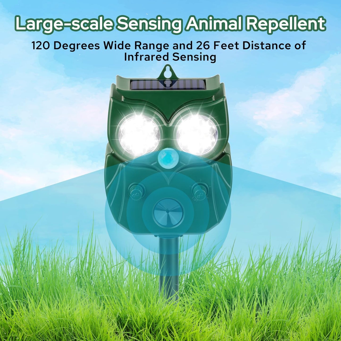 [2025 Upgrade] Solar Animal Repellent Outdoor for Deer Squirrel Mole Rabbit Cat Skunk Bird Raccoon Dog, Waterproof Ultrasonic Pest Repeller with Motion Detector and LED for Yard Lawns Garden 2 Pack
