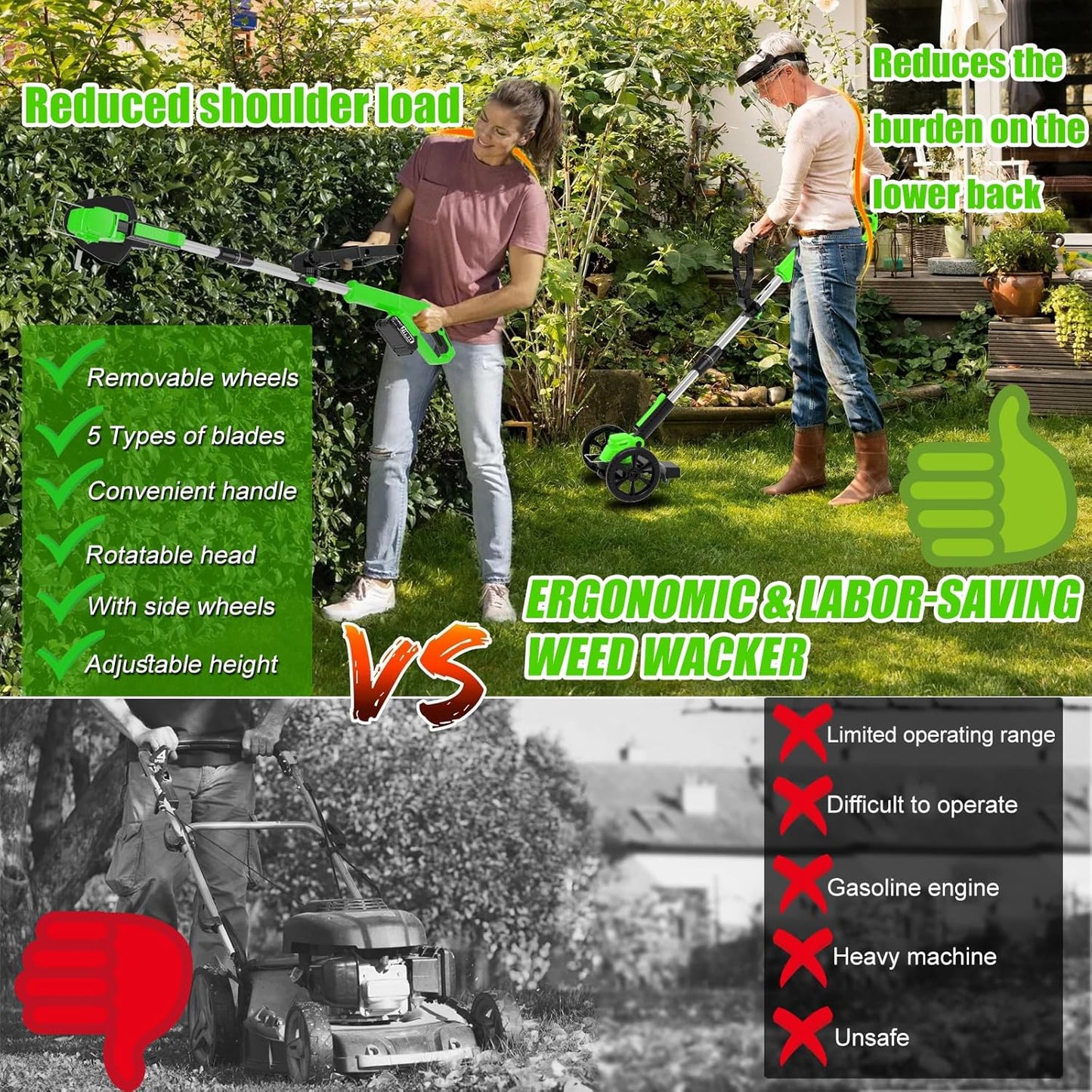 Electric Cordless Weed Wacker Eater Battery Powered Weed Trimmer with 2 21V/2.0Ah Battery Operated & Wheels & Charger & 5 Types Blades, No-String Brush Cutter/Grass Trimmer/Lawn Edger for Garden Yard