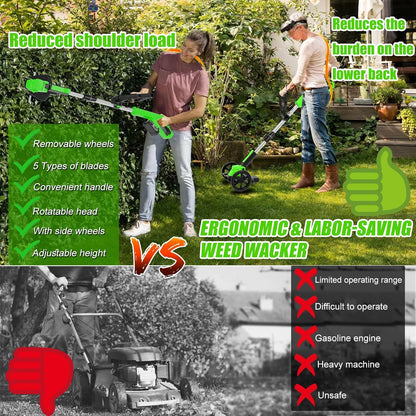 Electric Cordless Weed Wacker Eater Battery Powered Weed Trimmer with 2 21V/2.0Ah Battery Operated & Wheels & Charger & 5 Types Blades, No-String Brush Cutter/Grass Trimmer/Lawn Edger for Garden Yard
