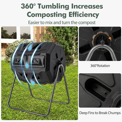 S AFSTAR Composter Tumbler Outdoor, 42-Gal Dual Chamber Tumbling Composter with 2 Sliding Doors, Metal Frame, BPA-Free Large Rotating Compost Bin Tumbler for Garden Yard Waste (Black)