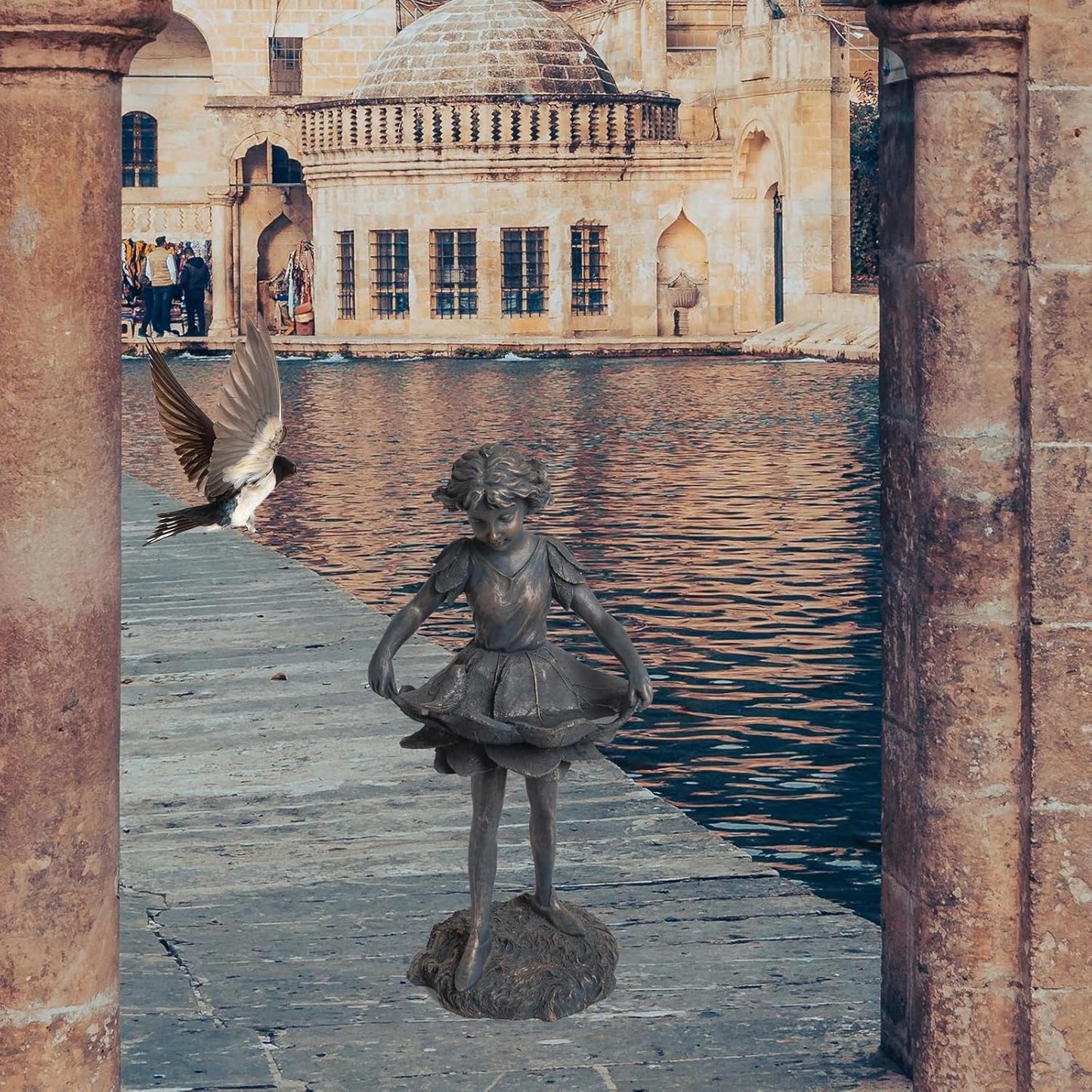 Outdoor Garden Statues - Bird Bath & Feeder Combo - Standing Angel Fairy Statues, 14.25*12.25*28.75 Inch