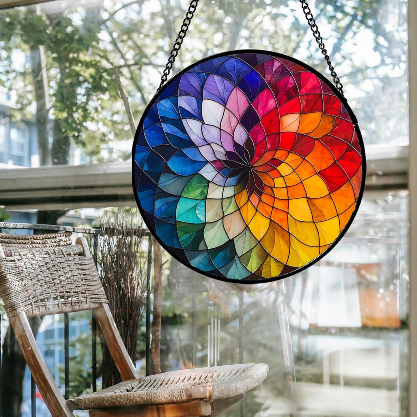 Stained Glass Window Hanging - Colorful Flowers Sun Catcher for Door Terrace Garden Home Decor, Abstract Gradient Suncatcher Birthday Gifts for Lovers Women Men Dad Mom Nana 11.8 in