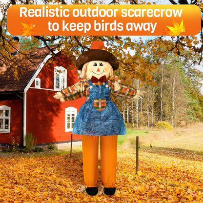 Marsui 1 Pcs 59" Large Outdoor Scarecrow Fall Harvest Thanksgiving Halloween Decoration, Life Size Standing or Sitting Scarecrow Outside Decor for Autumn Garden Yard Porch (Girl)