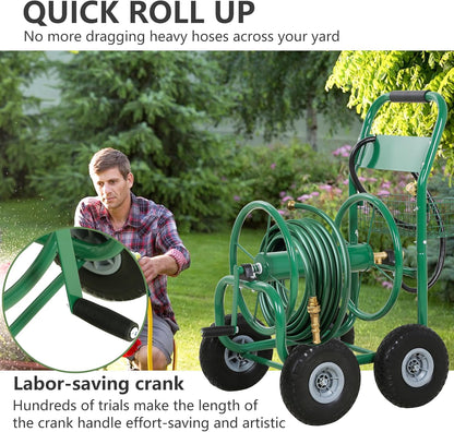 Hose Reel Hold Up To 300 Ft Heavy Duty Garden Hose Reel Sturdy Water Hose Reel Cart with 4 Wheels Storage Basket for Garden Lawn Yard Outdoor (Green)