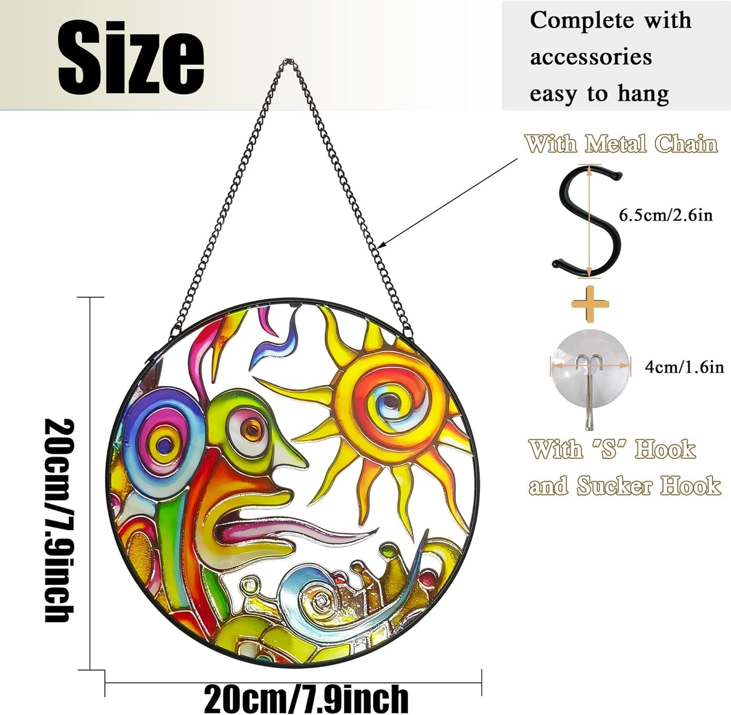 Artistic Sunrise Suncatcher Stained Glass Window Hanging, 7.9'' Abstract Sun Face Suncatchers Garden Hangings with Metal Chain