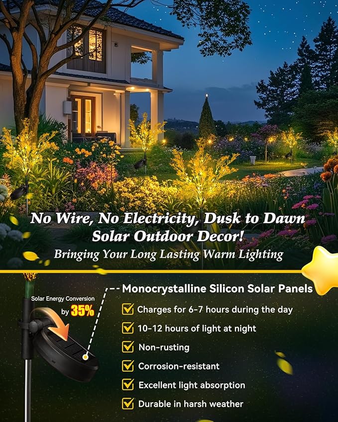 Neporal Solar Flowers Outdoor Waterproof 6PK, 7-Stems Golden Solar Lights Outdoor Decorative, Bigger Solar Panel for Outdoor Garden, Yard, Patio,Flower Pots Outdoor Decoration