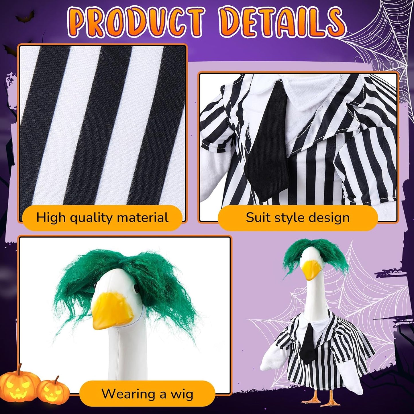 Halloween Porch Goose Outfits Black and White Striped Suit and Wig Movie Clothes for 23 Inch Cement Goose Halloween Costume Outdoor Yard Lawn Garden Patio Decor