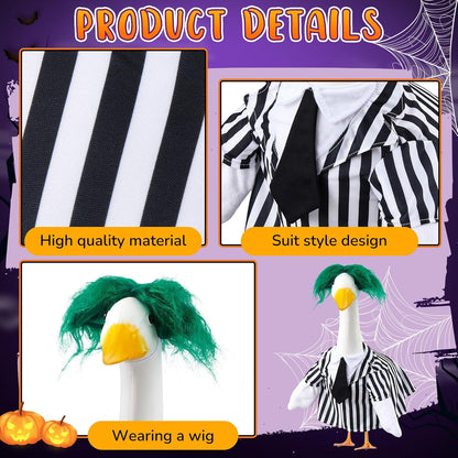 Halloween Porch Goose Outfits Black and White Striped Suit and Wig Movie Clothes for 23 Inch Cement Goose Halloween Costume Outdoor Yard Lawn Garden Patio Decor