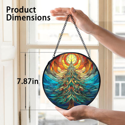 TNUW Christmas Tree Stained Glass Window Hanging, Rustic Winter Christmas Tree Sun Catchers Indoor Window Glass Round Wall Art Decor, Xmas Wall Hanging Decorations, 7.9＂x7.9＂
