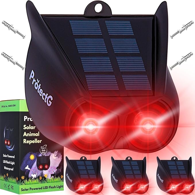 4 Pack Solar Nocturnal Animal Repellent – Predator Eye Defense – Waterproof Automatic Deterrent Red Lights for Farm, Orchard, Yard, Chicken Coop Accessories – Scares Coyote, Fox, Deer, Raccoon