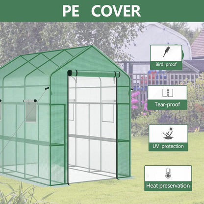 Greenhouse, 57 x 85 x 77'' Greenhouses for Outdoors, with Mesh Side Windows, PE Cover, 8 Shelves, Heavy Duty Walk in Green House for Backyard Garden Indoor, White& Green Outside