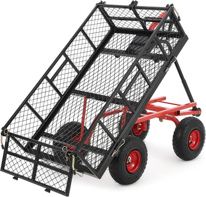 Heavy Duty Steel Garden Dump Cart, 880LBS Meatl Utility Wagon with Removable Sides & 180° Rotating Handle, Utility Dump Cart with 10-Inch All Terrain Wheels for Yard Lawn and Farm
