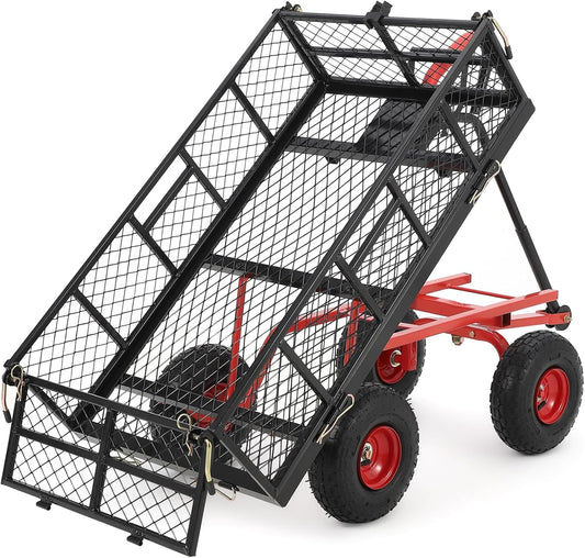 Heavy Duty Steel Garden Dump Cart, 880LBS Meatl Utility Wagon with Removable Sides & 180° Rotating