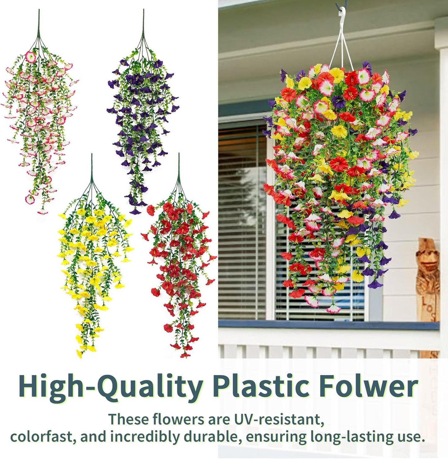 4 Pack Artificial Faux Hanging Flowers Plant for Outdoor, Fake Silk Morning Glory with Eucalyptus UV Resistant Realistic Trailing Vine for Wall Home Porch Patio Balcony Yard Indoor Decor, Mix Color