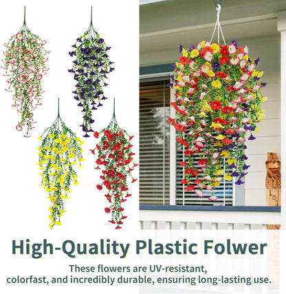 4 Pack Artificial Faux Hanging Flowers Plant for Outdoor, Fake Silk Morning Glory with Eucalyptus UV Resistant Realistic Trailing Vine for Wall Home Porch Patio Balcony Yard Indoor Decor, Mix Color