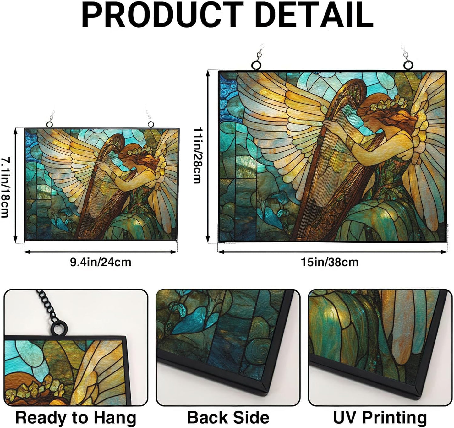 Customized Rectangle Art Nouveau Harp Angel Stained Glass Suncatcher Window Hangings, Stained Glass Panel Sun Catchers Gifts Home Decor Garden Christmas Halloween Wedding