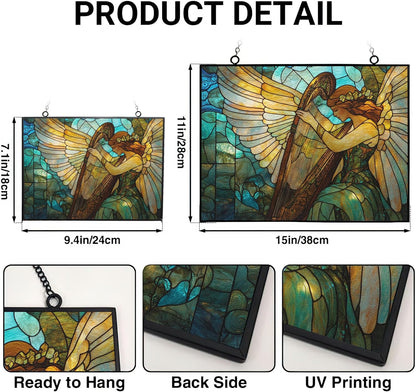 Customized Rectangle Art Nouveau Harp Angel Stained Glass Suncatcher Window Hangings, Stained Glass Panel Sun Catchers Gifts Home Decor Garden Christmas Halloween Wedding