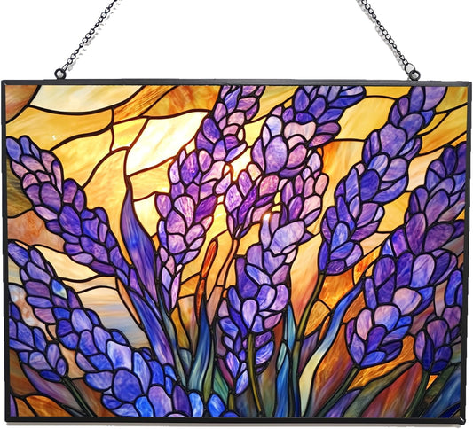 Rectangle Art Nouveau Morning Lavender Stained Glass Suncatcher Window Hangings, Suncatchers