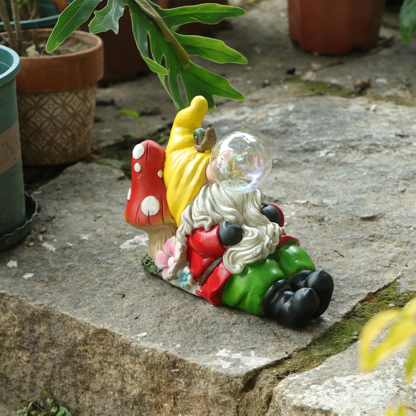 Garden Gnome Statue Outdoor Decor, Funny Gnome Figurine Lying on Mushroom with Crackle Globe Lights, Waterproof Resin Sculptures Lawn Ornament Tabletop Decorations for Porch Yard Decor