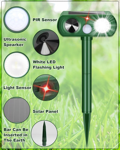 2PCS Solar Ultrasonic Animal Repellent Outdoor- Ultrasonic& Strobe Light Deer Repellent Devices for Deer/Cat/Squirrel/Raccoon/Rabbit/Bird/Owl/Dog - PIR Motion Detection, Yard Garden Protection