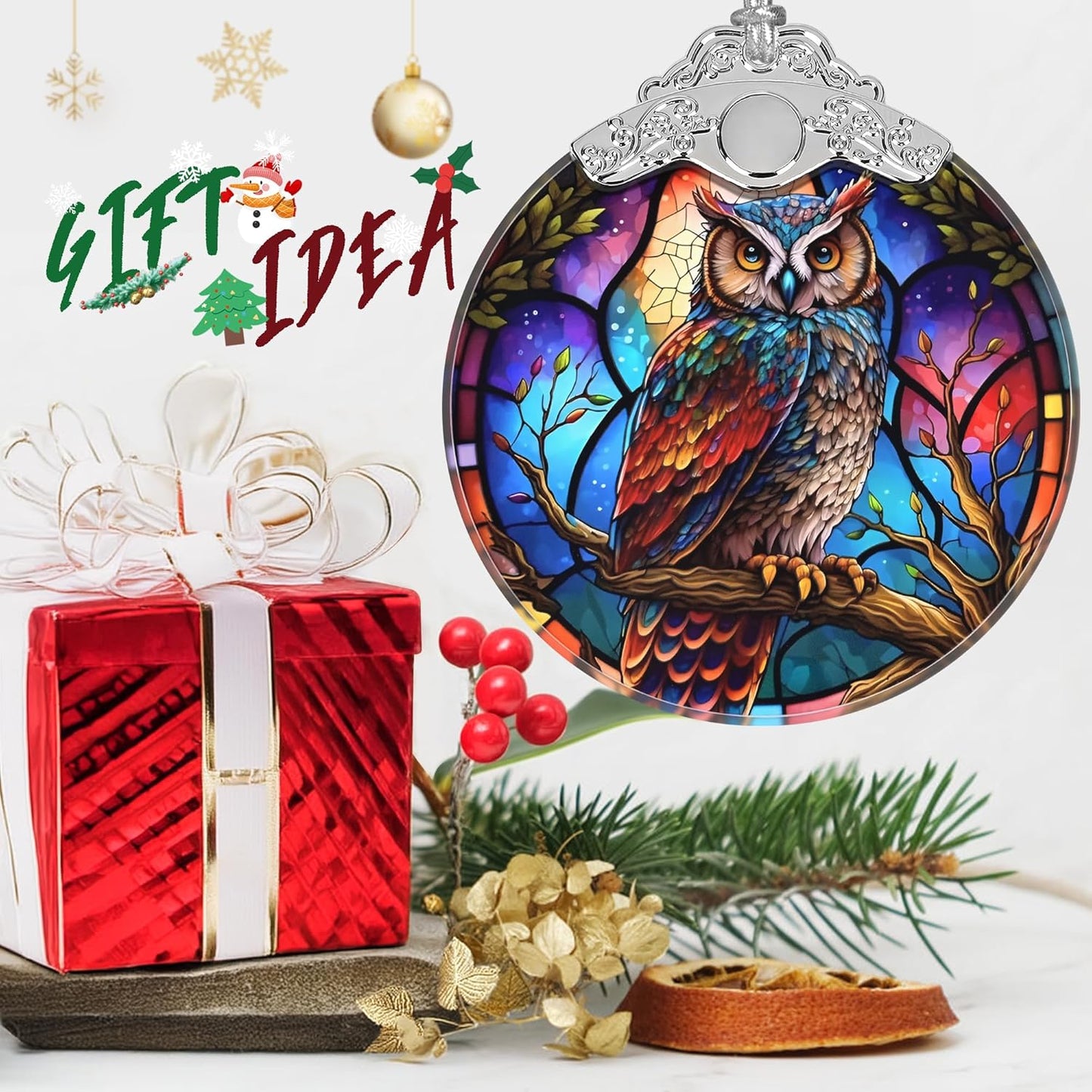 Stained Glass Suncatcher Ornament - Owl Christmas Decorations - Christmas Ornaments for Tree - Holiday Present Ideas - Gift Exchange