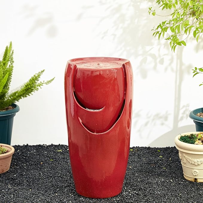 Glitzhome 29.25" H Oversized Ceramic Vase Outdoor Water Fountain Tall Patio Garden Water Fountain with LED Light and Submersible Pump Yard Art Decor, Red