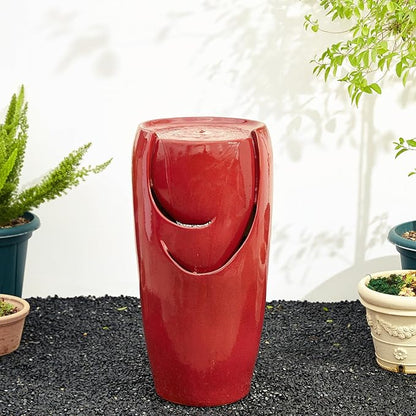 Glitzhome 29.25" H Oversized Ceramic Vase Outdoor Water Fountain Tall Patio Garden Water Fountain with LED Light and Submersible Pump Yard Art Decor, Red