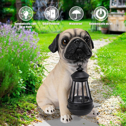 Garden Dog Statues Outdoor Decor, Solar Lights Outdoor Pug Figurines Solar Dog Ornaments for Patio, Lawn, Yard Art Decoration, Housewarming Garden Gift