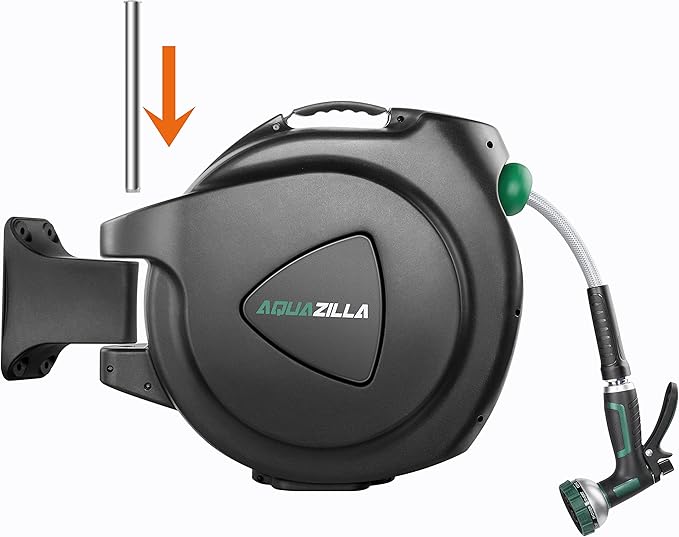 Retractable Garden Hose Reel, 100Ft x 1/2" Durable Wall Mounted Water Hose Reel with 180¡ãSwivel Bracket, 9 Pattern Sprayer, 6Ft leader hose,Smooth Automatic Rewind, Any Length Lock.