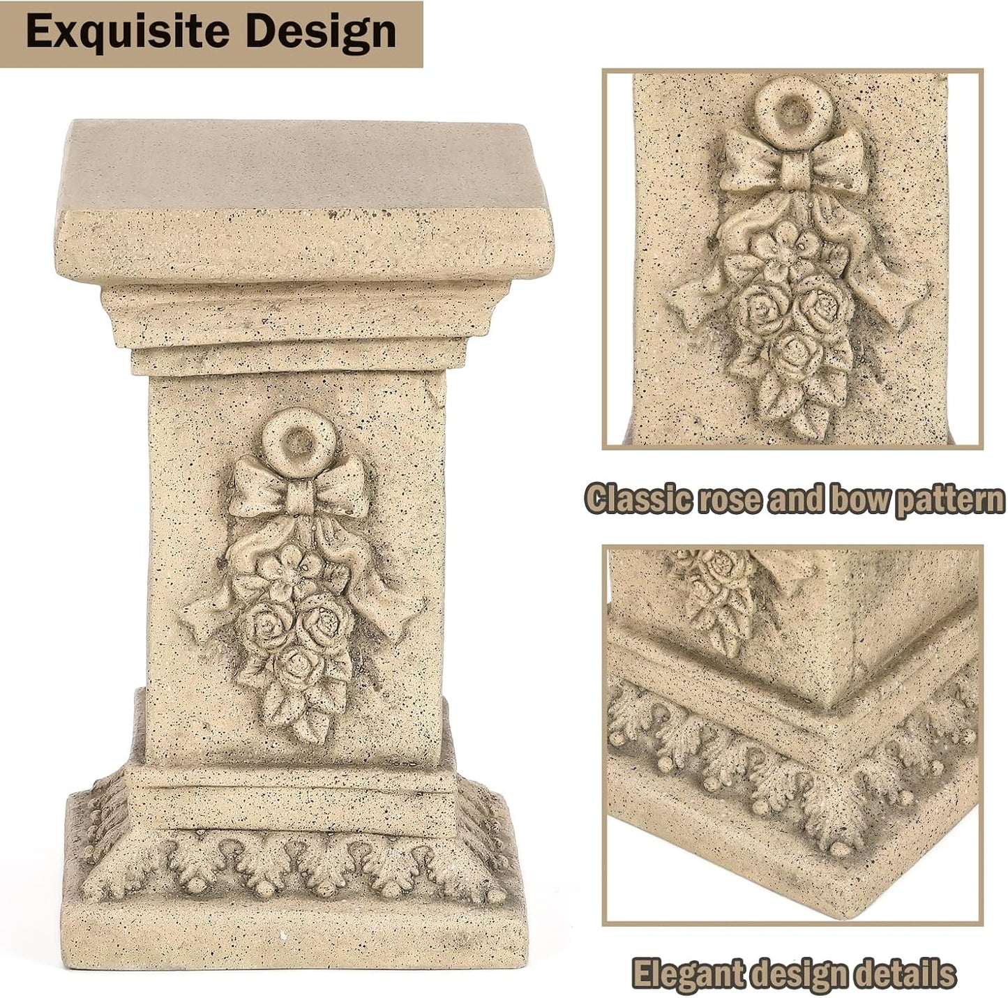 19" Tall Garden Pedestal Stand with Bow Design, Heavy Duty Plinth, Weatherproof Outdoor Pedestal for Sculptures, Flower Pots, or Use as Side Table - Durable Magnesium Oxide Material