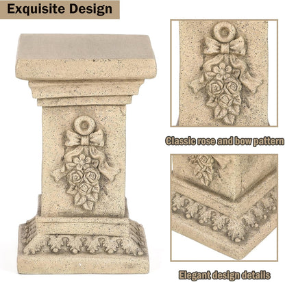 19" Tall Garden Pedestal Stand with Bow Design, Heavy Duty Plinth, Weatherproof Outdoor Pedestal for Sculptures, Flower Pots, or Use as Side Table - Durable Magnesium Oxide Material