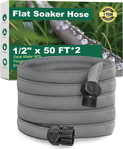 Flat Soaker Hose 50 FT*2Pack for Garden Beds, Linkable Drip Irrigation Hose, Double-Layer PVC, Leakproof & Kink-Resistant, Even Seepage Saves up to 80% Water