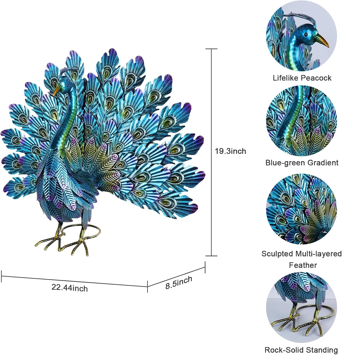 YEAHOME Garden Decor Outdoor Statues, 22.4" Large Metal Peacock Standing Yard Art, Blue Green Bird Lawn Sculptures Garden Decor for Outside Patio Porch Backyard