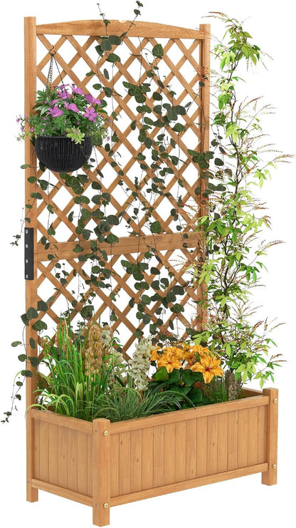 S AFSTAR Raised Garden Bed with Trellis, Indoor & Outdoor Wood Elevated Plant Container with Diamond Shaped Trellis & Drain Hole, Above Ground Garden Bed for Vine Climbing Plants