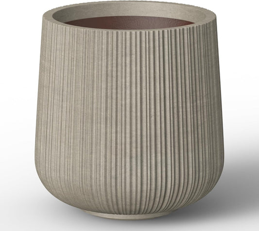 Kante 13.0" Dia Round Fluted Concrete Planter, Large Plant Pot with Drainage, Smooth Weathered Concrete Finish with Warm Brown Interior, for Indoor and Outdoor Use