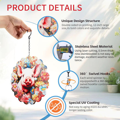 Pig Metal Wind Spinners Outdoor,Hanging Wind Spinner Garden Decor Birthday Gifts for Women Men,12 inch 3D Kinetic Sculpture for Backyard,Porch,Yard,Patio,Outside Decorations