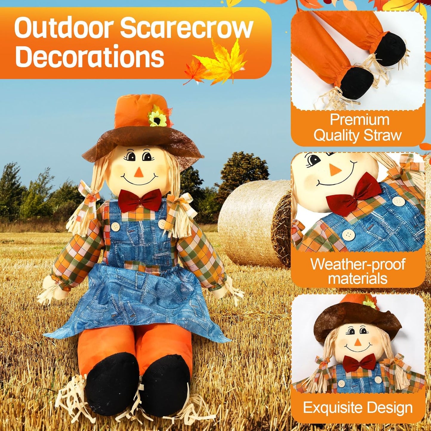 Marsui 1 Pcs 59" Large Outdoor Scarecrow Fall Harvest Thanksgiving Halloween Decoration, Life Size Standing or Sitting Scarecrow Outside Decor for Autumn Garden Yard Porch (Girl)
