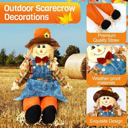 Marsui 1 Pcs 59" Large Outdoor Scarecrow Fall Harvest Thanksgiving Halloween Decoration, Life Size Standing or Sitting Scarecrow Outside Decor for Autumn Garden Yard Porch (Girl)