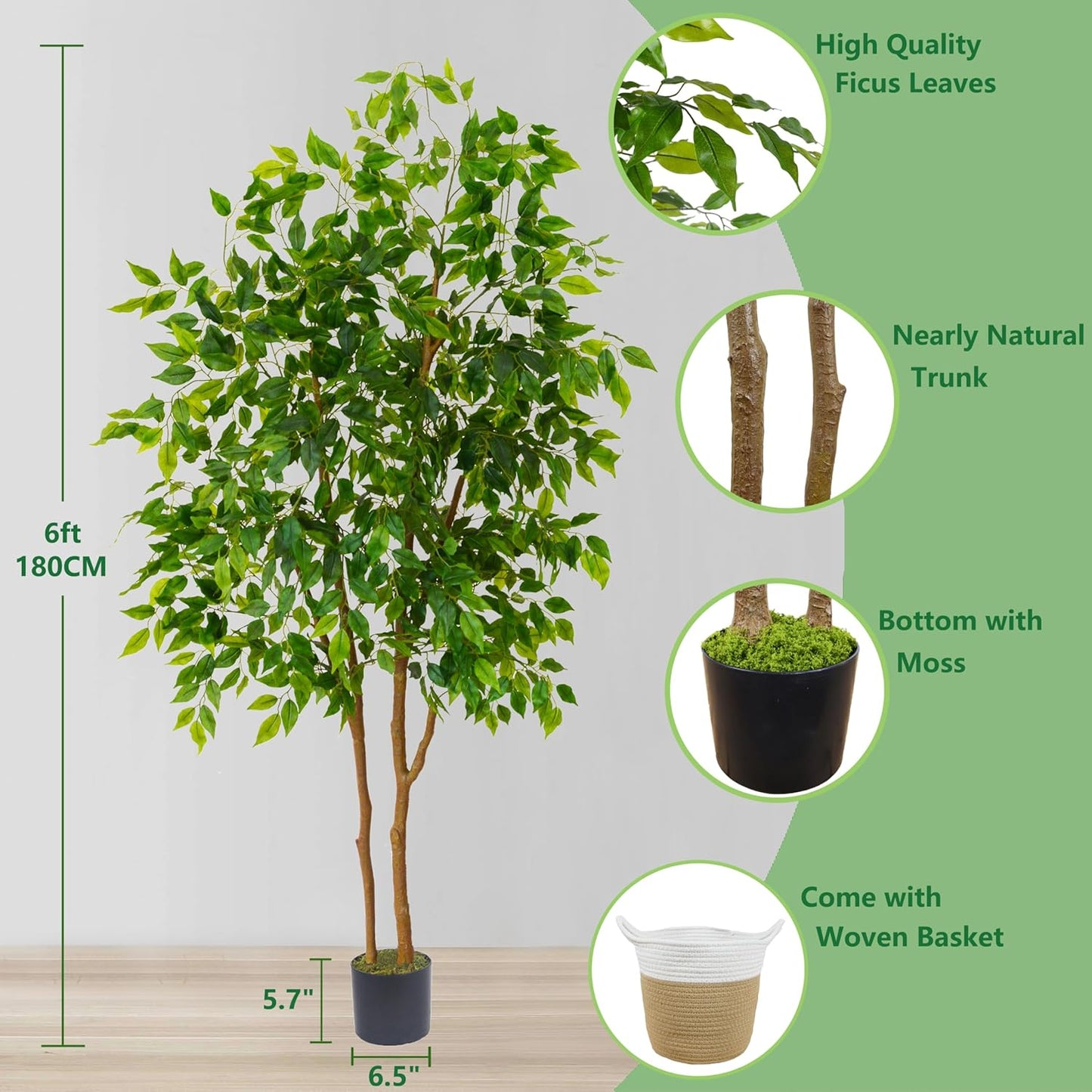 Artificial Ficus Tree, 6ft Tall Fake Ficus Tree with Basket, Faux Plant for Indoor Outdoor Home Livingroom Office Garden Porch Décor