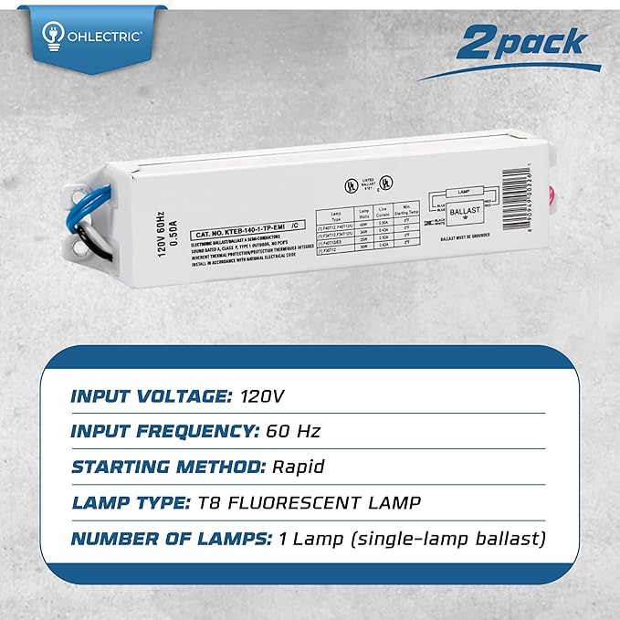 OHLECTRIC Replacement for Keystone KTEB-140-1-TP-EMI 1 Lamp T12 Electronic Fluorescent Ballast | 120V Input with Instant Start Operation | 0.88 Ballast Factor, UL-Approved