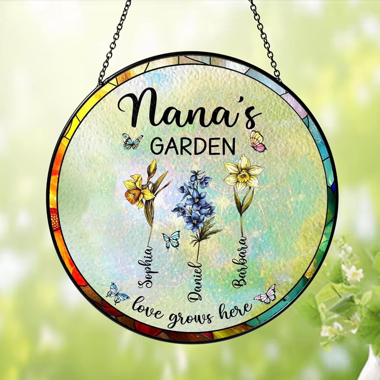 NAZENTI Personalized Grandma's Garden Stained Glass Suncatcher with Birth Month Flowers, Custom Mom's Garden Window Hanging Ornament, Mothers Day Grandma Mom Gifts, Gifts for Nana Mimi