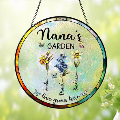 NAZENTI Personalized Grandma's Garden Stained Glass Suncatcher with Birth Month Flowers, Custom Mom's Garden Window Hanging Ornament, Mothers Day Grandma Mom Gifts, Gifts for Nana Mimi