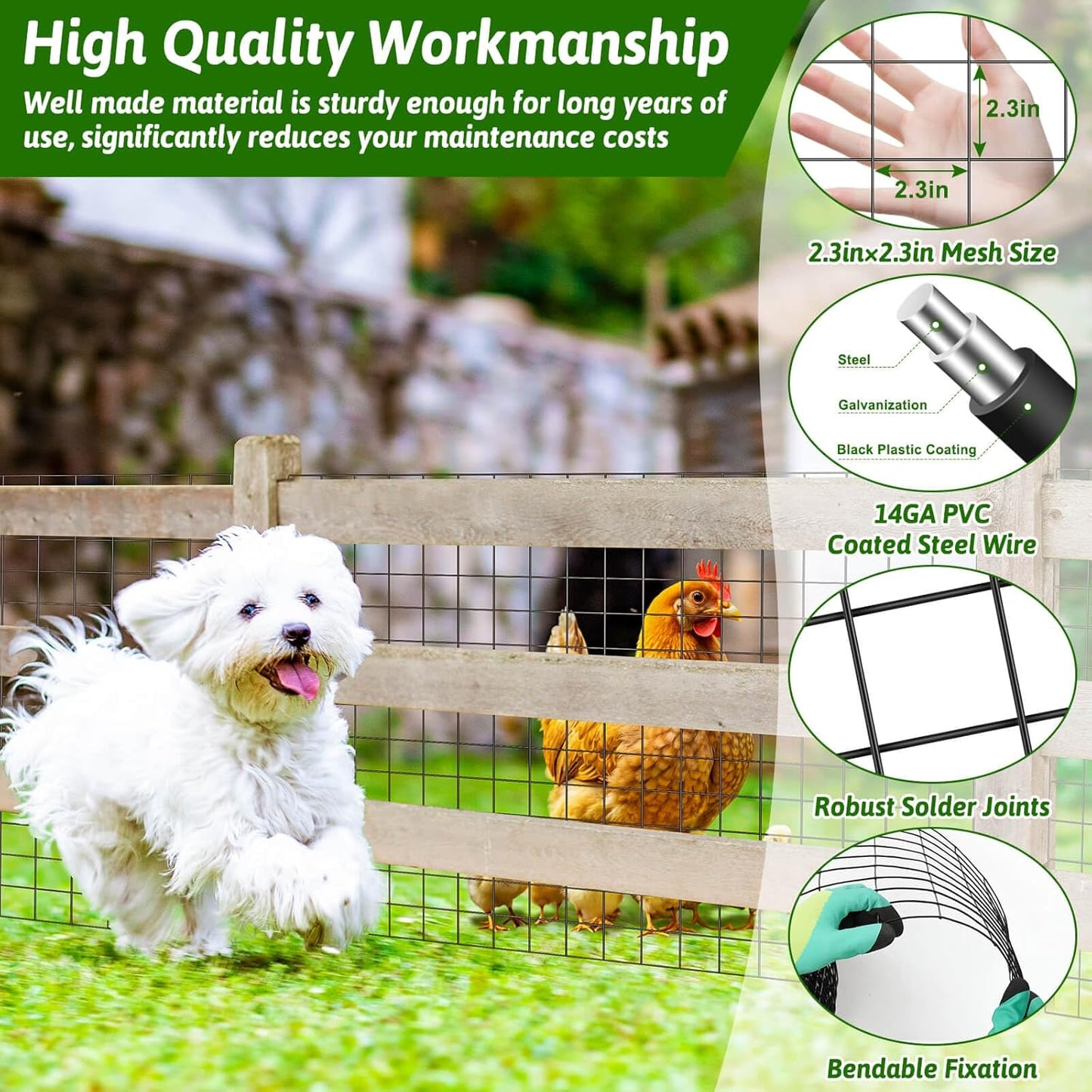 Welded Wire Fencing 59ft×24in, Black PVC Coated Wire Mesh Garden Fence Vinyl Metal Wire Mesh Wire Fence Rolls for Making Yard Fence Plant Protector Dog Poultry Netting(14Ga, 2.3in X 2.3in)