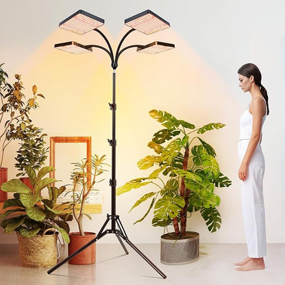 4-Head Grow Light with Stand 100W, FECiDA 2025 Grow Lights for Indoor Plants, Full Spectrum LED Plant Grow Light for Houseplants, Bonsai Tree, 4,8,12,16 Hr Timer and 360° Gooseneck