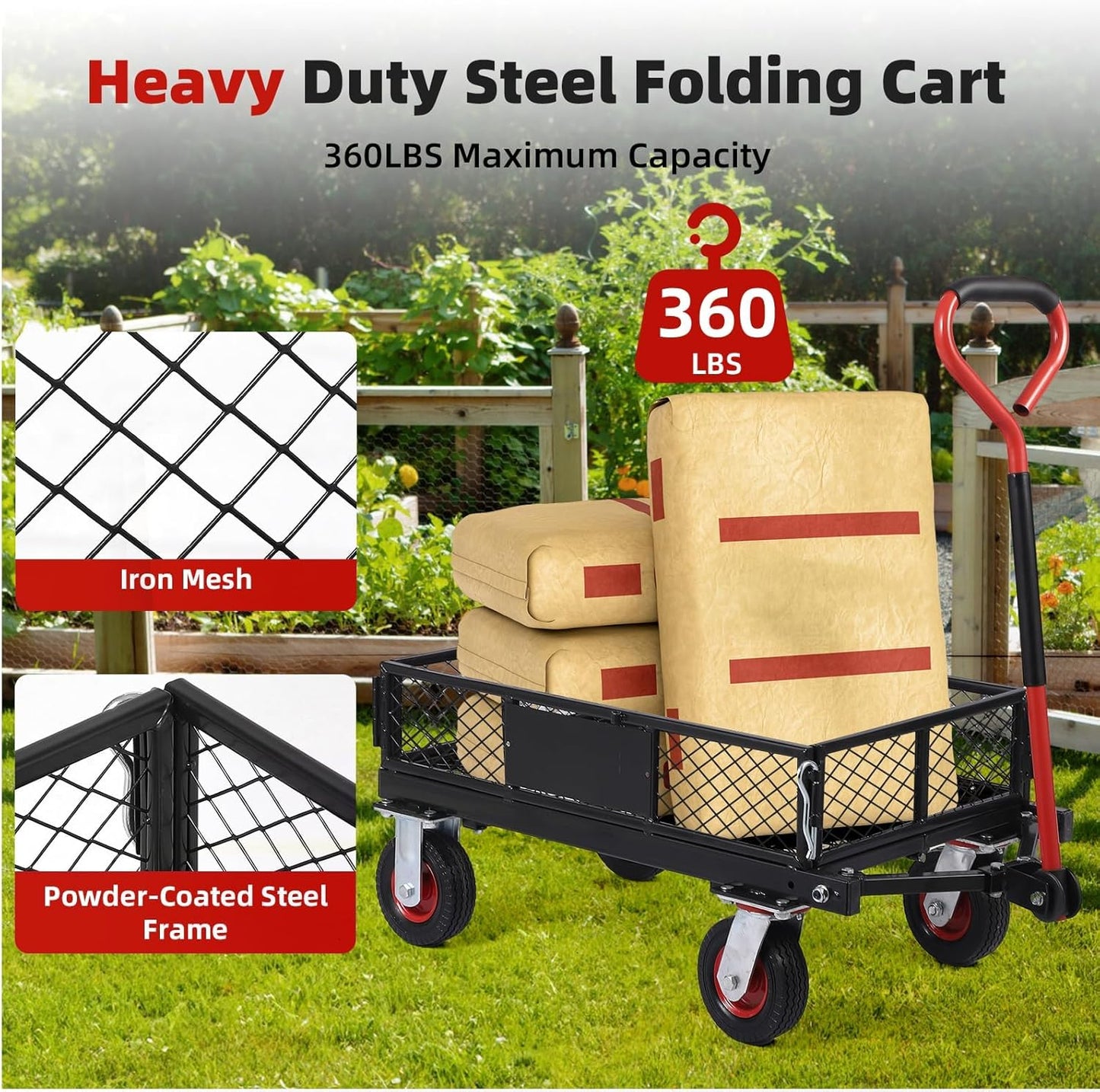 Garden Cart, Heavy-Duty Collapsible with Removable Mesh Sides, All-Terrain Wheels & 180° Rotating Handle for Gardening, Camping, Shopping and Outdoor Use