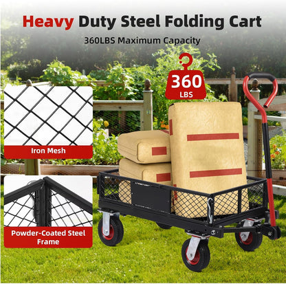Garden Cart, Heavy-Duty Collapsible with Removable Mesh Sides, All-Terrain Wheels & 180° Rotating Handle for Gardening, Camping, Shopping and Outdoor Use