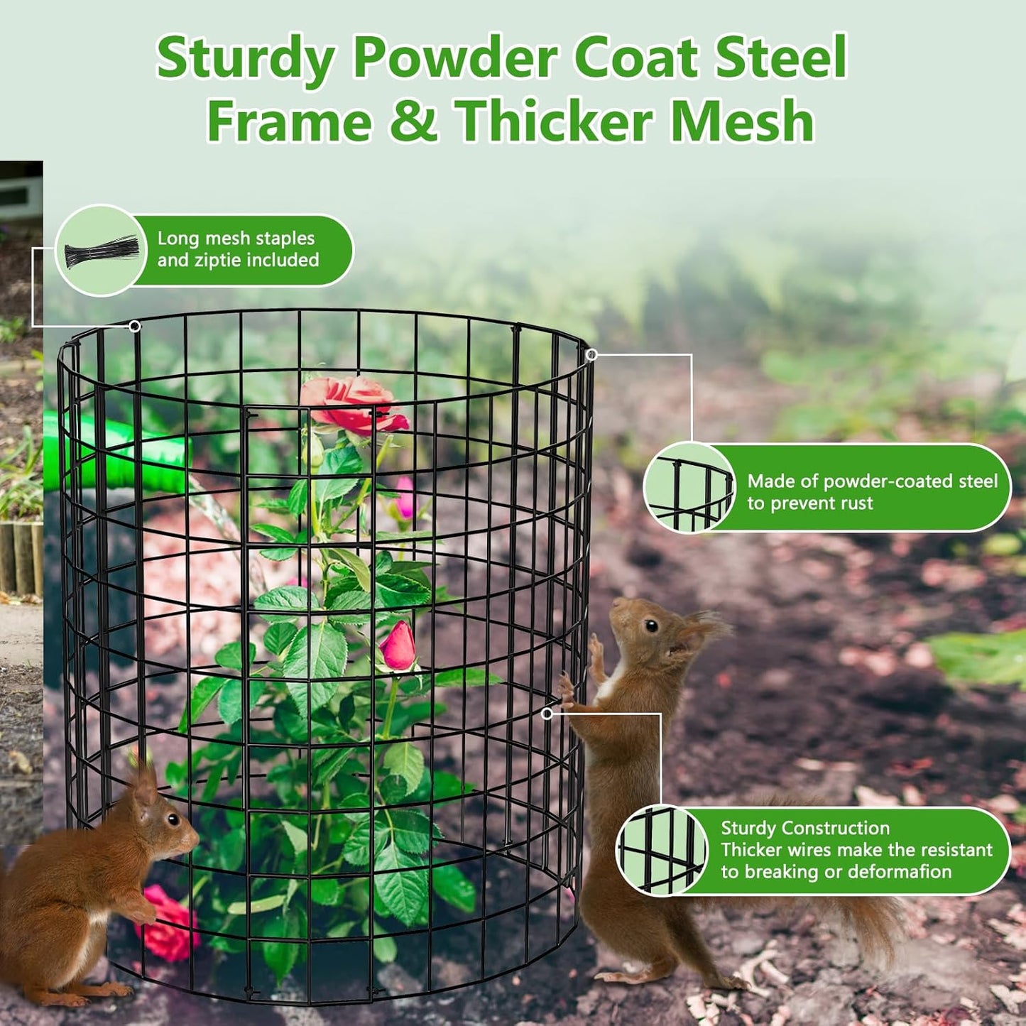 Metal Plant Protector from Animals, 15 Pcs 13'' x 13'' Sturdy Plant Cages with Matching Ground Spikes and Nylon Ties, Keep Animals Out for Plants, Shrubs, Vegetables and Flowers