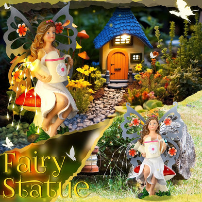 9. 8'' H Fairies Garden Figurines Garden Accessories Butterfly Wing Fairy Figurine Mushroom Decor Solar Luminous Watering Can Resin Statue for Outdoor Indoor Patio Yard Home Decorations