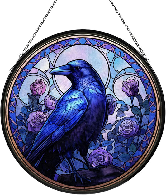 Crow Stained Glass Window Hanging, Raven Suncatcher Diamond Glass Panel Hangings, Sun Catchers